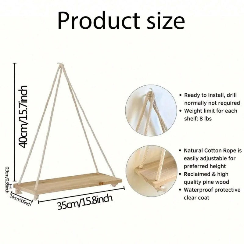 Houten Schommel Hangende Jute Touw Wandplank Gemonteerd Vloeiende Woonkamer Plant Bloempot Tray Opslag Tuin Decoratie