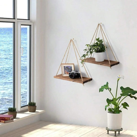 Houten Schommel Hangende Jute Touw Wandplank Gemonteerd Vloeiende Woonkamer Plant Bloempot Tray Opslag Tuin Decoratie