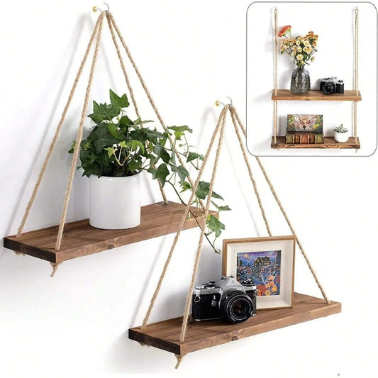 Houten Schommel Hangende Jute Touw Wandplank Gemonteerd Vloeiende Woonkamer Plant Bloempot Tray Opslag Tuin Decoratie