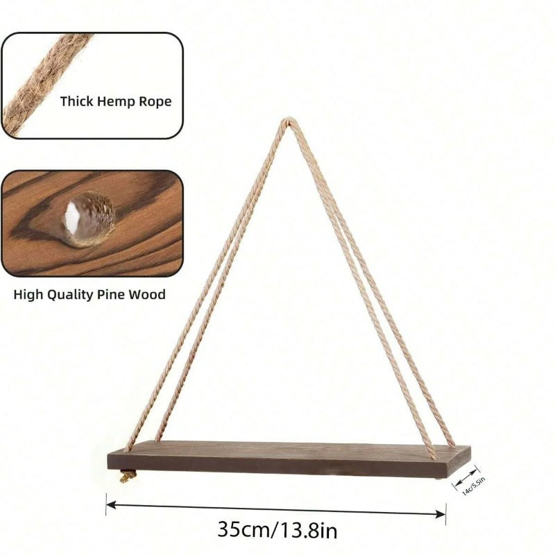 Houten Schommel Hangende Jute Touw Wandplank Gemonteerd Vloeiende Woonkamer Plant Bloempot Tray Opslag Tuin Decoratie