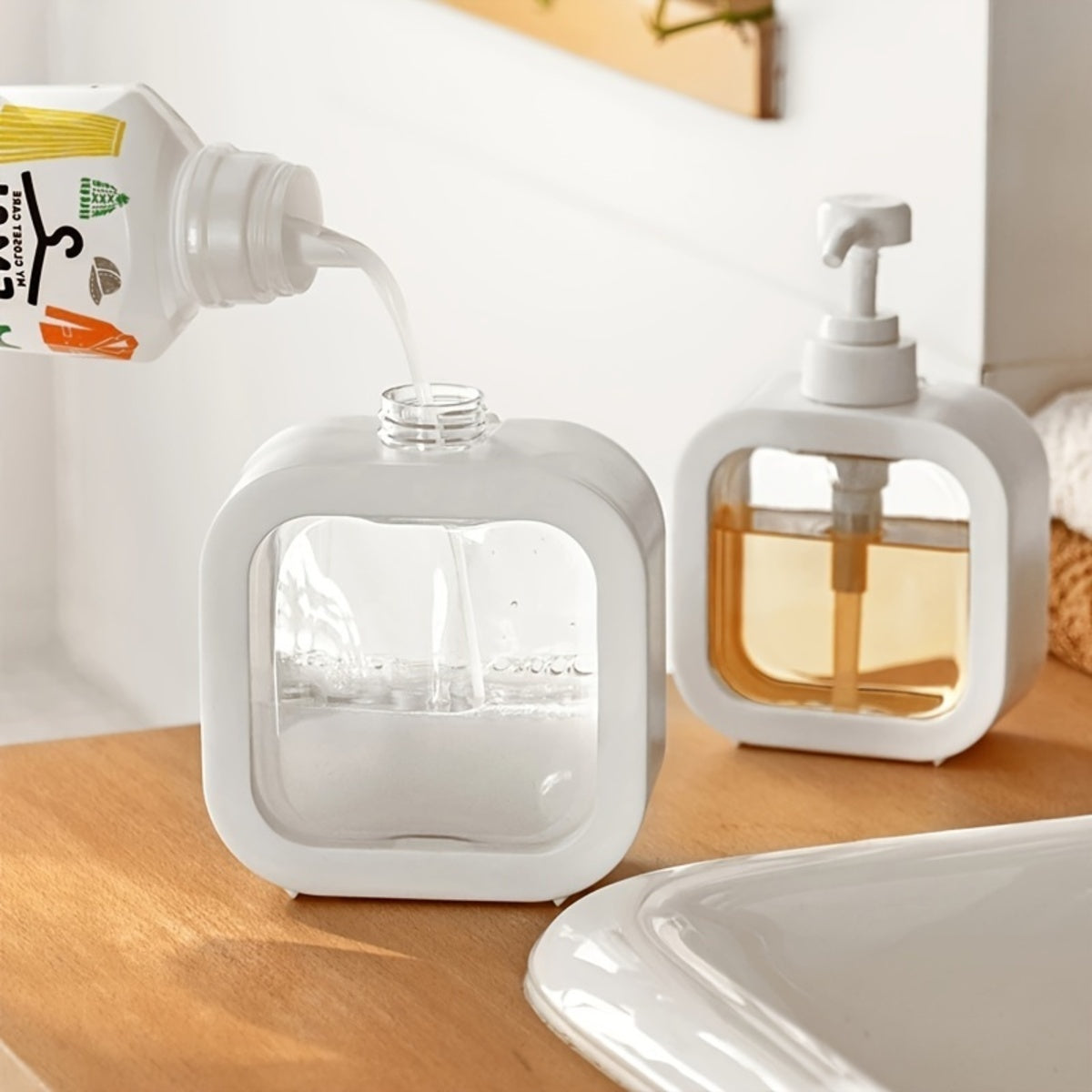 Sponszeepdispenser, 300ml en 500ml afwasmiddel dispenser, navulbare moderne vierkante pompflacon voor lotion, handzeepdispenser voor badkamer, keuken draagbare lege fles, afwasmiddel dispenser