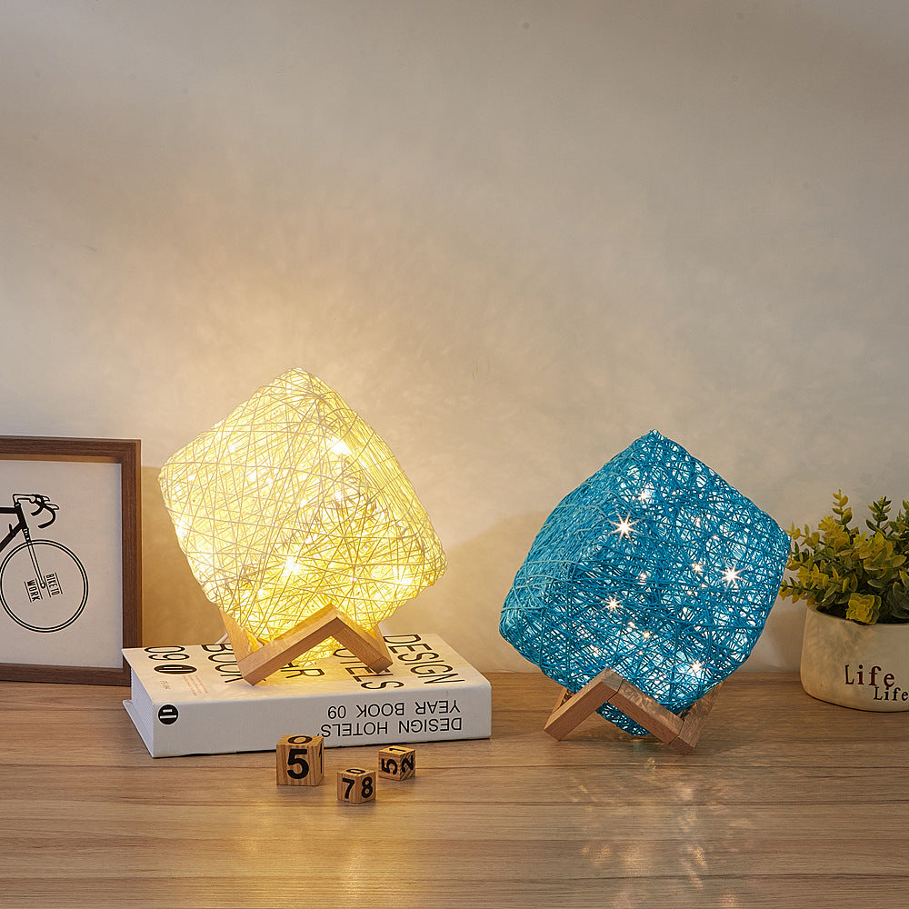 Handgeweven dimbare vierkante LED bureau lampen van hout, riet, touw, USB-oplaadbare tafellamp, cadeau voor meisjes slaapkamer, woningdecoratie, nachtlampverlichting