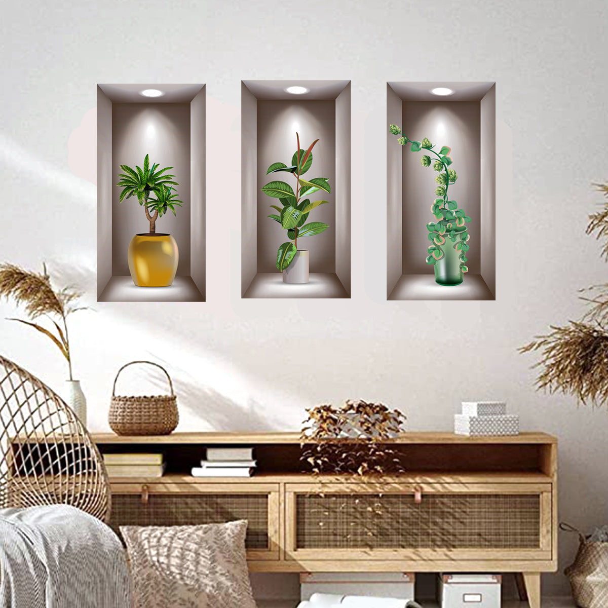 Drie-dimensionale Bonsai Groene Bloem Drie-delige Schilderij Woonkamer Stickers