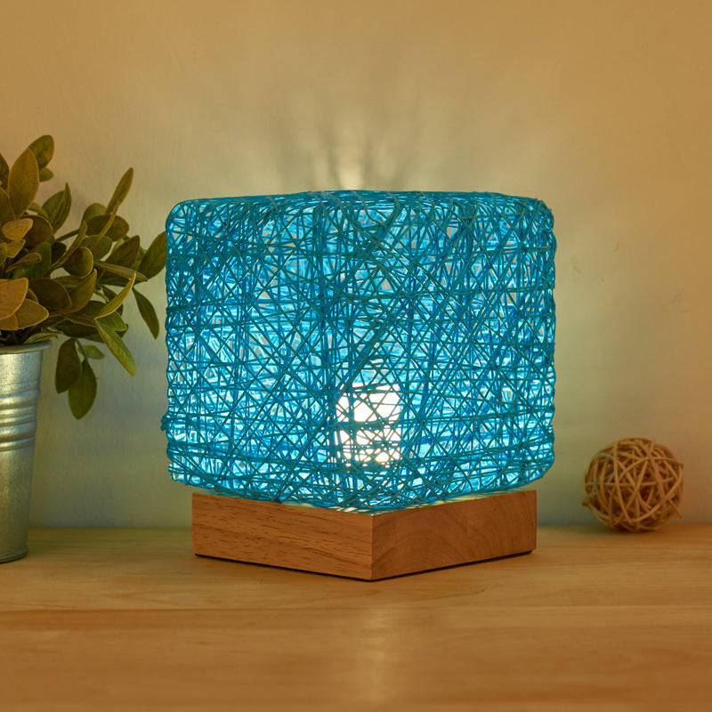 Handgeweven dimbare vierkante LED bureau lampen van hout, riet, touw, USB-oplaadbare tafellamp, cadeau voor meisjes slaapkamer, woningdecoratie, nachtlampverlichting