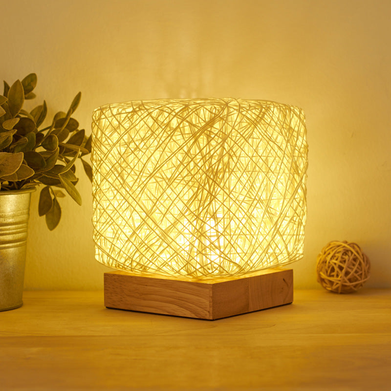 Handgeweven dimbare vierkante LED bureau lampen van hout, riet, touw, USB-oplaadbare tafellamp, cadeau voor meisjes slaapkamer, woningdecoratie, nachtlampverlichting